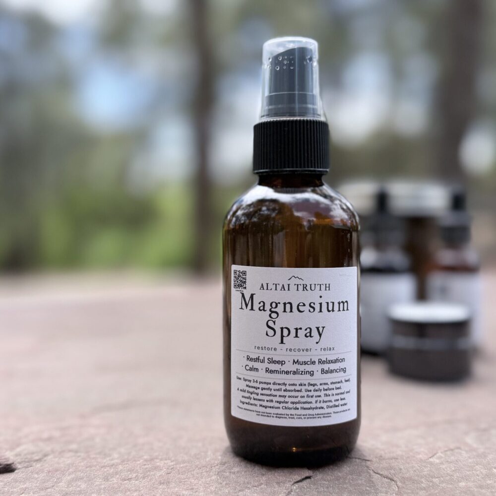 Altai Truth magnesium spray bottle for muscle relaxation, tension relief, and mineral support.
