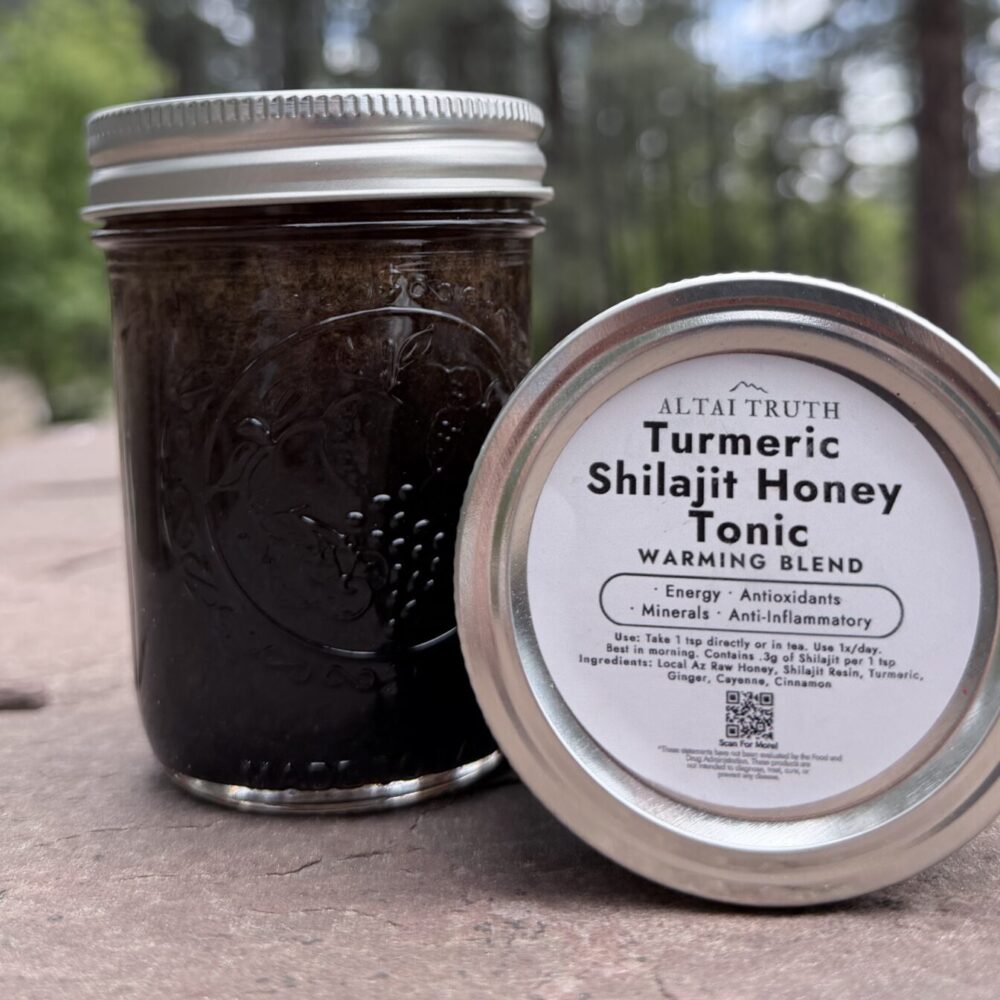 Turmeric Shilajit Honey blend by Altai Truth — golden honey infused with turmeric, ginger, cayenne, and shilajit.