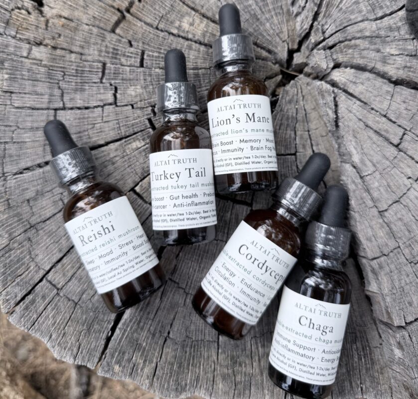 Altai Truth mushroom tinctures on natural wood surface — Lion’s Mane, Reishi, Chaga, Cordyceps, Turkey Tail wellness extracts.