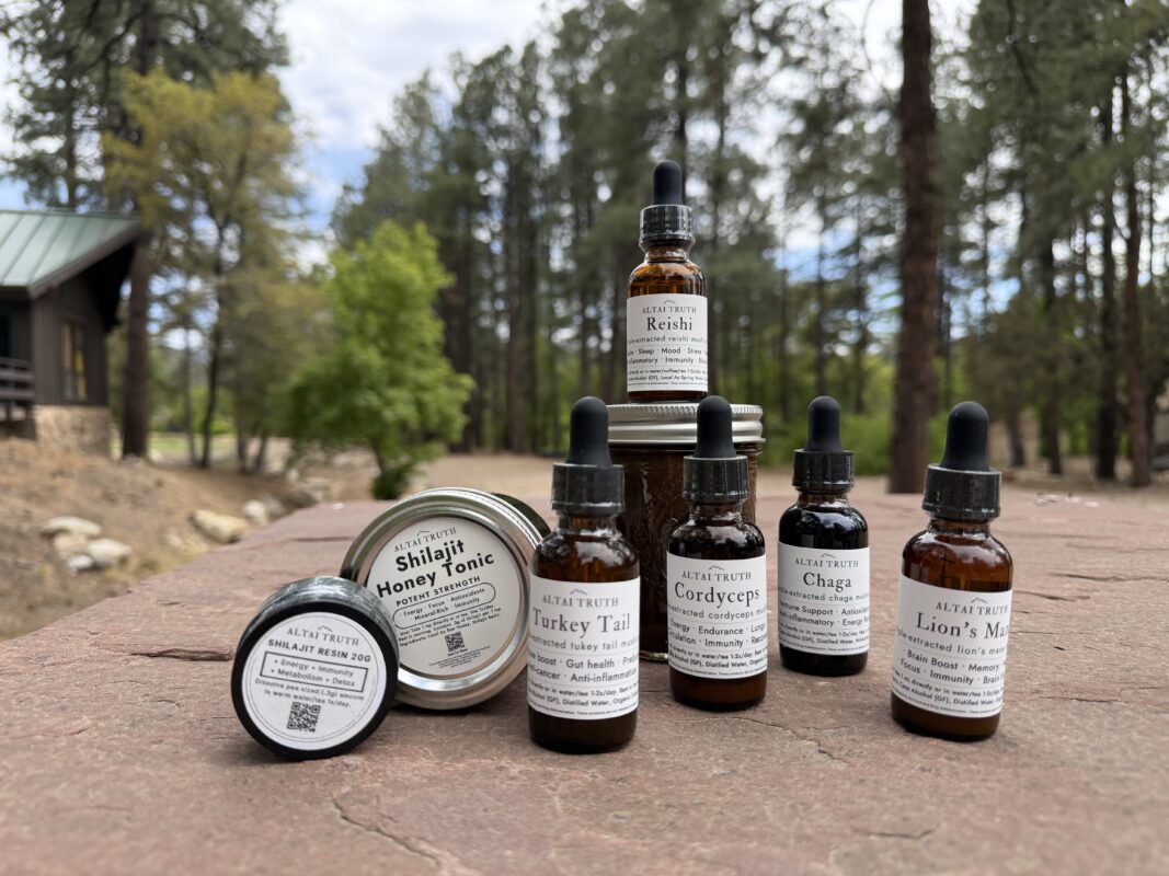 Altai Truth mushroom tincture bottles and shilajit resin jars — small batch, Arizona made