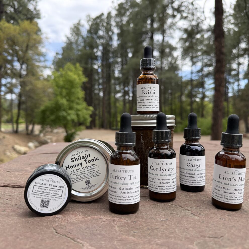 Altai Truth mushroom tincture bottles and shilajit resin jars — small batch, Arizona made